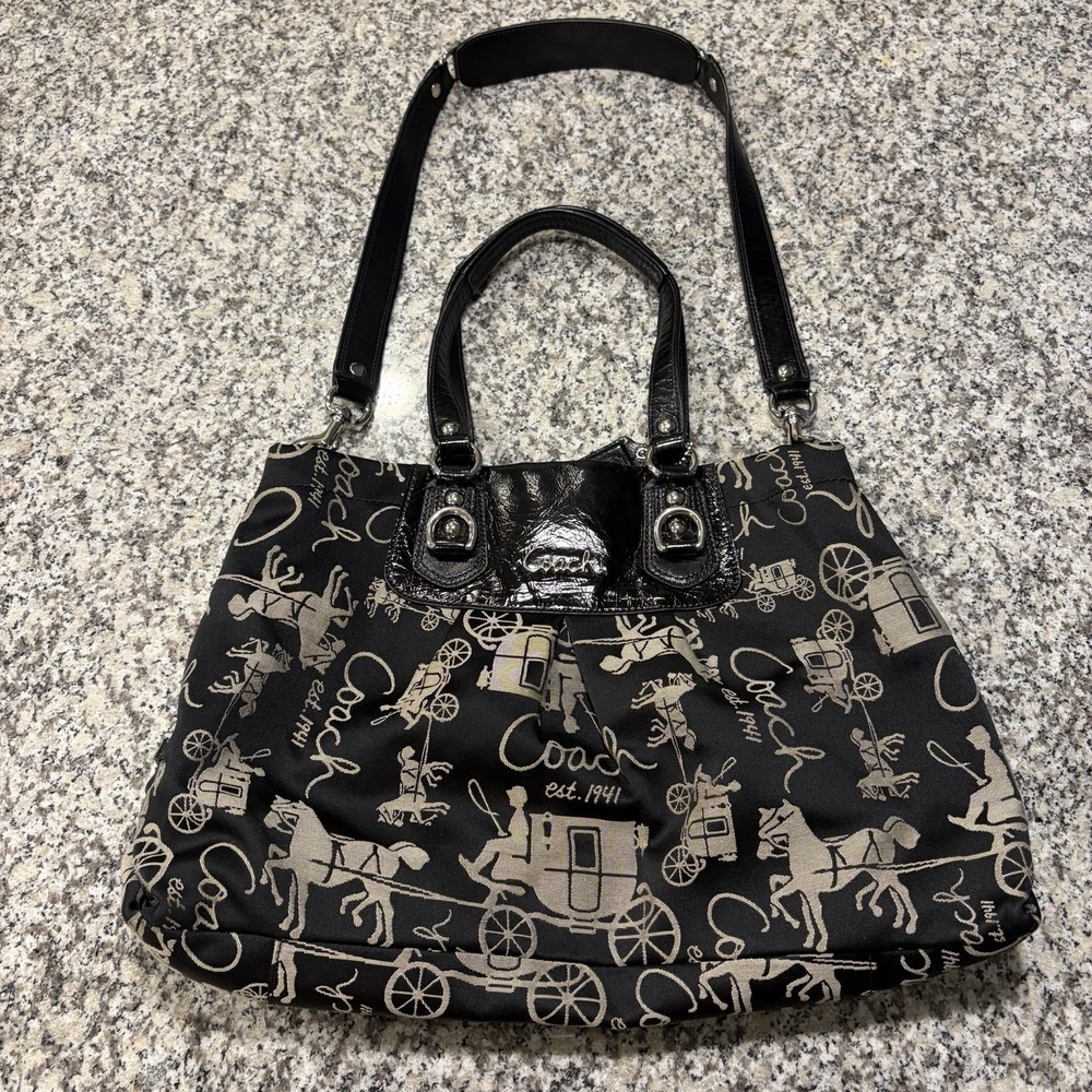 Coach Poppy Horse Carriage Black Sateen Tote Hobo Bag F15656 Good Needs Cleaning